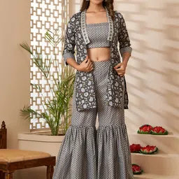 HERE&NOW Printed Shoulder Straps Neck Top & Flared Palazzo & Jacket Co-Ords-image-50