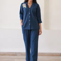 Ambraee Floral Embroidered Lapel Collar Pure Cotton Shirt With Trouser-image-93