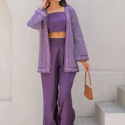 Ambraee Ambraee Basic Striped Cotton Square Neck Crop Top & Flared Trouser & Jacket-picture-28