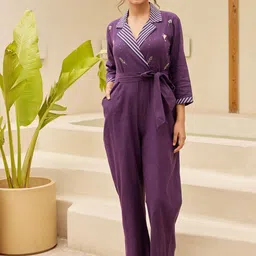 Ambraee Shawl Neck Striped Cotton Basic Jumpsuit-picture-25