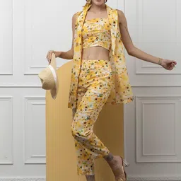 Beatnik Floral Printed Shoulder Straps Top & Flared Trousers & Shrug-image-39