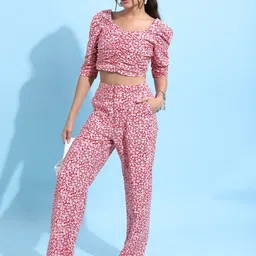 Tokyo Talkies Pink Floral Printed Pure Cotton Crop Top & Trousers-52