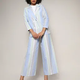 Campus Sutra Blue Striped Double-Breasted Blazer with Trousers-image-75