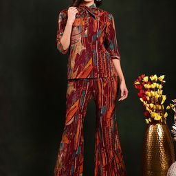 Claura Abstract Printed Shirt Collar Chanderi Silk Tunic & Trousers Co-Ords Set-12