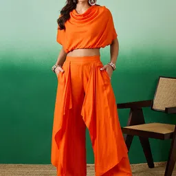 Sangria Orange-Coloured Round Neck Top & Palazzo-image-21
