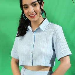 Campus Sutra Light Blue Self Design Crop Shirt & Mini Skirt Co-Ord Set-image-33
