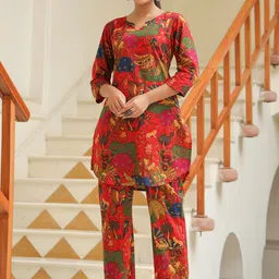 Rain & Rainbow Abstract Printed Pure Cotton Round Neck Tunic With Trousers-picture-6