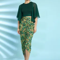 Antheaa Green Flared Sleeves Smocked Crop Top With Skirt-picture-44