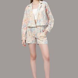Ashtag Floral Printed Notched Lapel Collar Long Sleeves Linen Blazer With Shorts-10