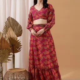 indo street Floral Printed Crop Top & Skirt-picture-1