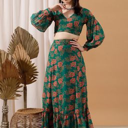 indo street Floral Printed Crop Top & Skirt-image-35