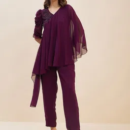 Antheaa Purple Embellished Top With Trousers-picture-40