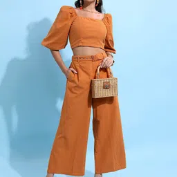 Tokyo Talkies Women Cotton Crop Top with Flared Trousers-picture-10