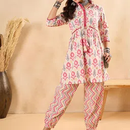 WineRed Ethnic Motifs Printed Shirt Collar Pure Cotton Tunic & Trousers-picture-6