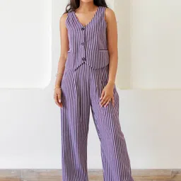 Ambraee Striped Pure Cotton Top & Palazzos Co-Ords Set-image-39