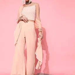 indo street Women Embroidered Cropped Top With Palazzo & Dupatta Co-Ords Set-image-14