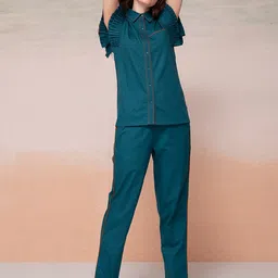 Bannos Swagger Blue Ruffled Sleeves Pure Cotton Shirt With Trouser-picture-51