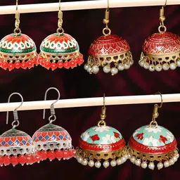 OOMPH Set Of 4 Stone-Studded & Beaded Dome Shaped Jhumkas-47