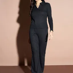 DressBerry Black Shirt Collar Ribbed Top With Trousers Co-Ords-image-87