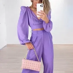 LULU & SKY V-Neck Puff Sleeves Blouse With Trousers-46