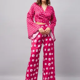 Orchid Blues Bandhani Printed Wrap Top With Trousers Co-Ords-picture-16