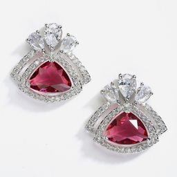 DressBerry Silver-Toned & Red Rhodium-Plated American Diamond Triangular Studs Earrings-5