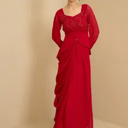 Antheaa Red Embellished Square Neck Top With Skirt-30