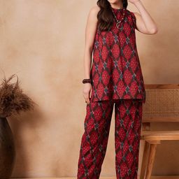 InWeave Red Printed Pure Cotton Tunic With Trouser-13