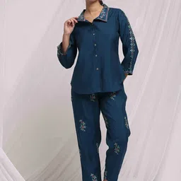 Anouk Teal Blue Floral Embroidered Long Sleeves Pure Cotton Shirt With Trousers-image-26