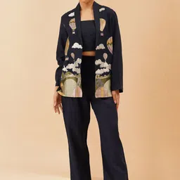 KALPRAAG Cappadocia Embroidered Crop Pure Linen Top With Shawl Collar Jacket & Trousers-11