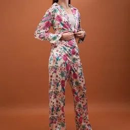 Tokyo Talkies Off-White Floral Printed Satin Top With Trousers-picture-14