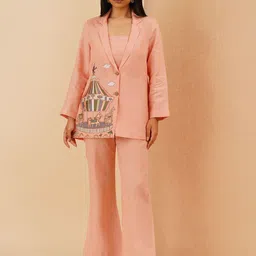 KALPRAAG Mirabella Printed Crop Pure Linen Top With Shawl Collar Jacket & Trousers-picture-19