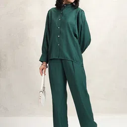 Vishudh Green Mandarin Collar Puffed Sleeves Tunic With Palazzos-image-88