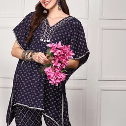 Ishin Embellished Bandhani Printed Kaftan Top with Hand Tassels Paired With Trouser image 3