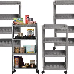 Pack of 4 Multipurpose 4-Layer Storage Trolley Rack with Wheels | Grey Plastic Kitchen Trolley-image-18