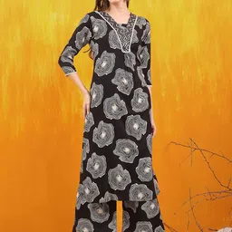 KALINI Floral Printed Thread Work V Neck Empire A-line Kurta with Palazzos-2