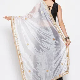 Clora Creation White & Gold-Toned Embroidered Dupatta with Sequinned image 5