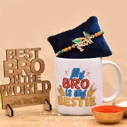 Religious Rakhi mug Combo|Rakhi Gift for Brother|Rakhi Mug For Brother Assorted, Mauli Thread, Kundan Rakhi, Mug, Chawal Roli Pack, Showpiece Set-11