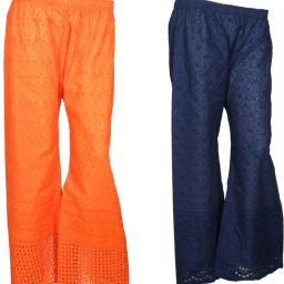 Pack of 2 Women Regular Fit Blue, Orange Cotton Blend Trousers-image-2
