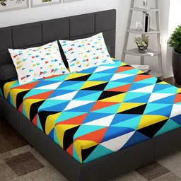 Story@home Blue White Geometric 144 TC Queen Bedsheet with 2 Pillow Covers-image-69