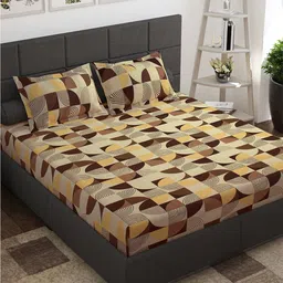 Story@home Brown Yellow Geometric Cotton 144 TC Queen Bedsheet With 2 Pillow Covers-image-32