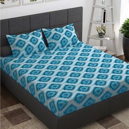 Story@home Blue White Geometric Cotton 144 TC Queen Bedsheet With 2 Pillow Covers-image-60