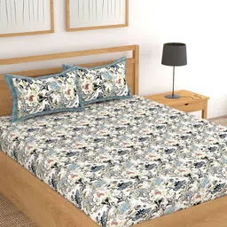 Lali Prints Blue & White Printed Cotton 250 TC King Bedsheet with 2 Pillow Covers-image-4