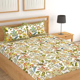 Lali Prints Green & White Floral Cotton 250 TC King Bedsheet With 2 Pillow Covers-44