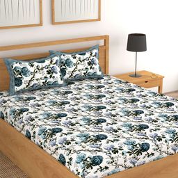 Lali Prints White & Blue Printed Cotton 250 TC King Bedsheet with 2 Pillow Covers-56