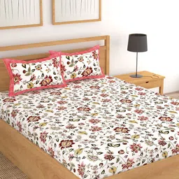 Lali Prints White & Pink Printed Cotton 250 TC King Bedsheet with 2 Pillow Covers-image-31