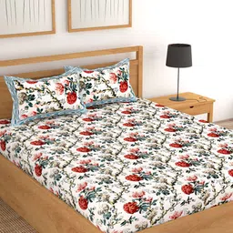 Lali Prints White & Red Floral Cotton 250 TC King Bedsheet With 2 Pillow Covers-image-35