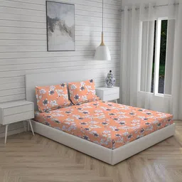 Layers Orange & White Floral 144 TC King Bedsheet with 2 Pillow Covers-image-14