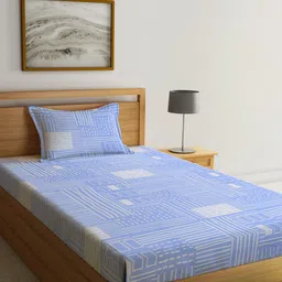 KLOTTHE White & Blue Geometric Printed 300TC Single Bedsheet & 1 Pillow Cover-image-22