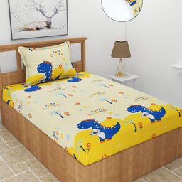 MORADO Yellow & Blue Cartoon printed180 TC Single Fitted Bedsheet with 1 Pillow Covers-image-48